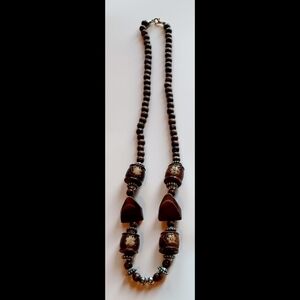 Vintage Hand Carved Dark Natural Wood Bead Long Boho Necklace